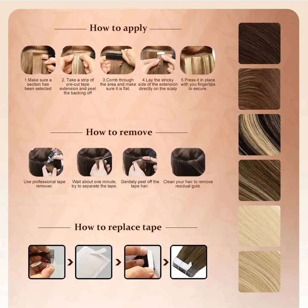 Straight Tape In Human Hair Extensions 16-26 inches 100% Natural Real Invisible Adhesive Tape ins For Women
