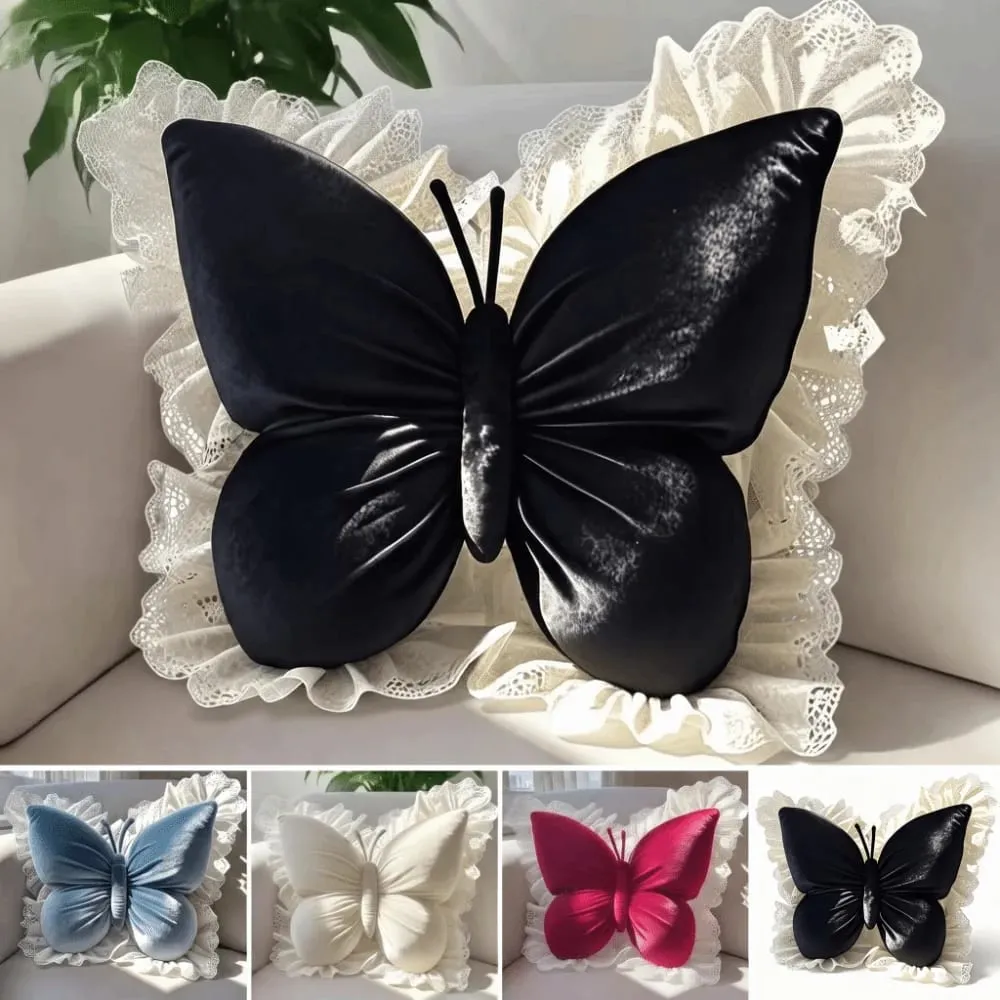 Decorative Cushion Velvet Butterfly Plush Pillow Lace Trim Plush Bow Plush Cushion Soft Cute Bow Throw Pillow Sofa — image 9