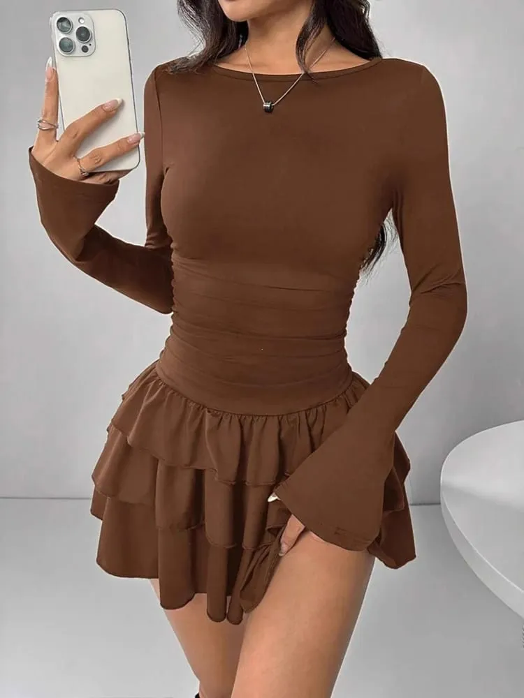 Autumn Winter Solid Color Slim Fit Cascading Ruffles Mini Dress Women Elegant Flare Sleeve High Waist Sexy Party Bodycon Dresses — image 4