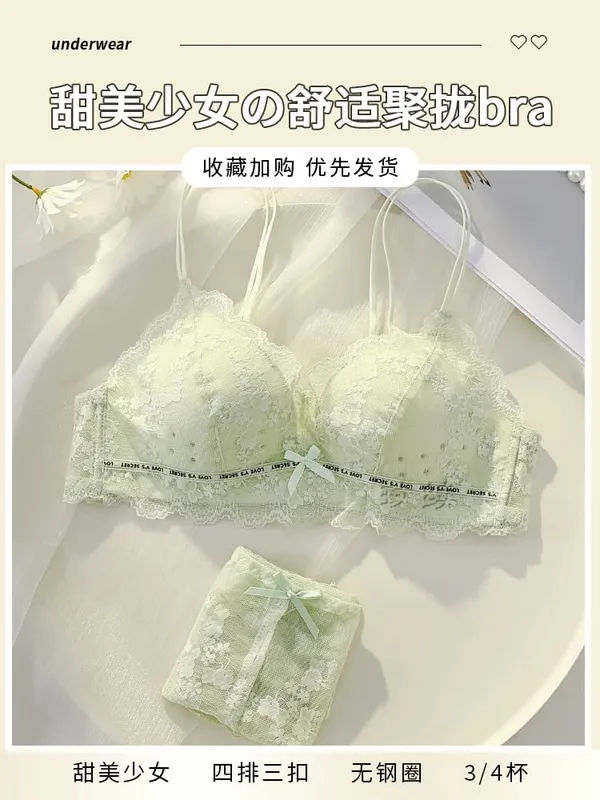 Women's lingerie set for small busts autumn and winter thin style minimizes large busts no underwire supports side breasts