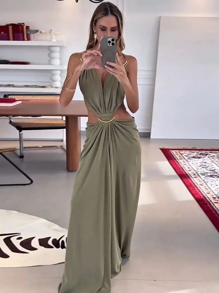Sexy Women's Backless Dress Halter Sleeveless Waist Hollow Out Solid Female Dresses 2026 Summer Vacation Beach Fashion Lady Robe — image 3