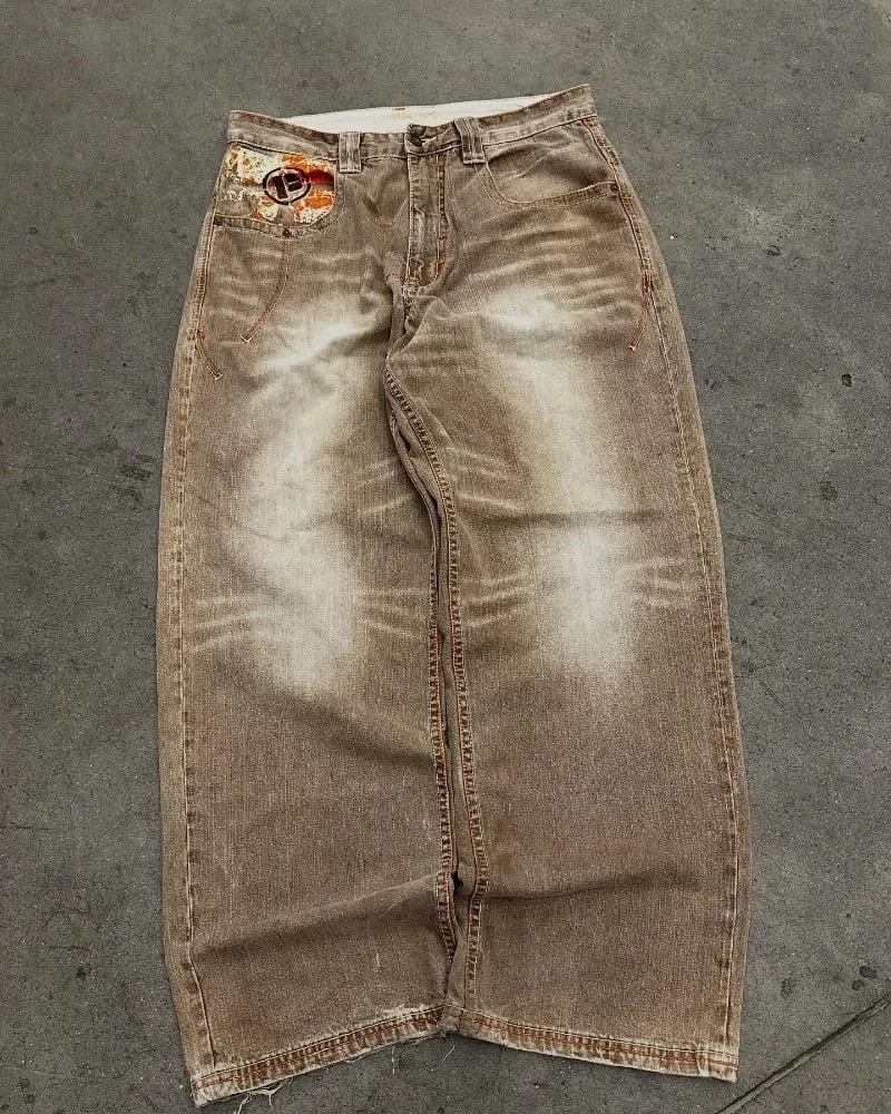 Y2K American Fashion New Oversize Letter Embroidered Yellow Washed Baggy Jeans Men Vintage Gothic Popular Casual Wide-leg Pants — image 6