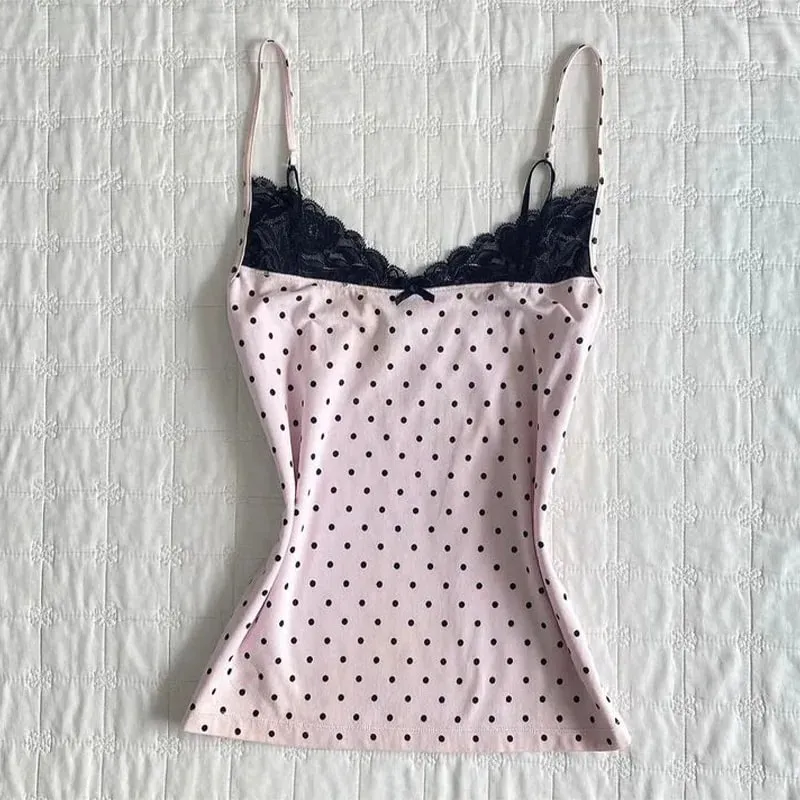 Summer Pink Black Polka Dots V-Neck Cami Strap Top Lace Trim Bow Detail Slim Fit Casual Sweet Sexy Y2K Trendy Women's Top