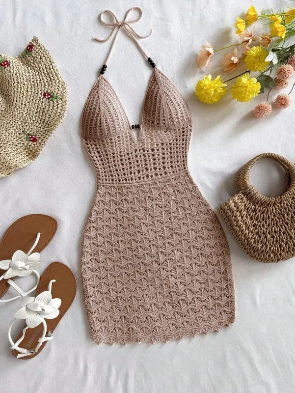 Women's White Crochet Halter Neck Sleeveless Dress — image 6