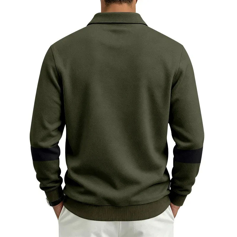 Men Lapel Polo Sweatshirt, Color Block Long Sleeve Pullover, Loose Solid Casual Top for Spring Autumn Daily Outfit