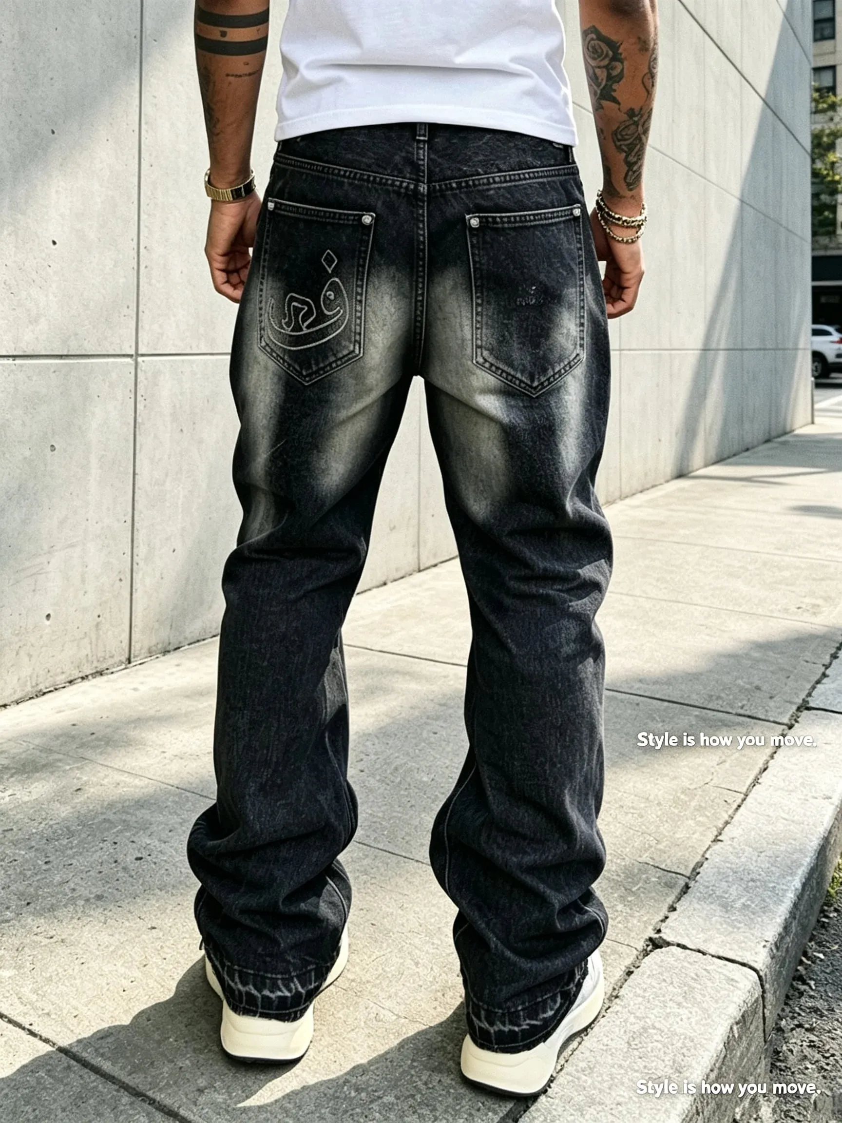 Men Y2K Baggy Bootcut Jeans Retro 2000s Street Swag Denim Pants Back Embroidery Distressed Washed Wide Leg Downtown Casual Jeans