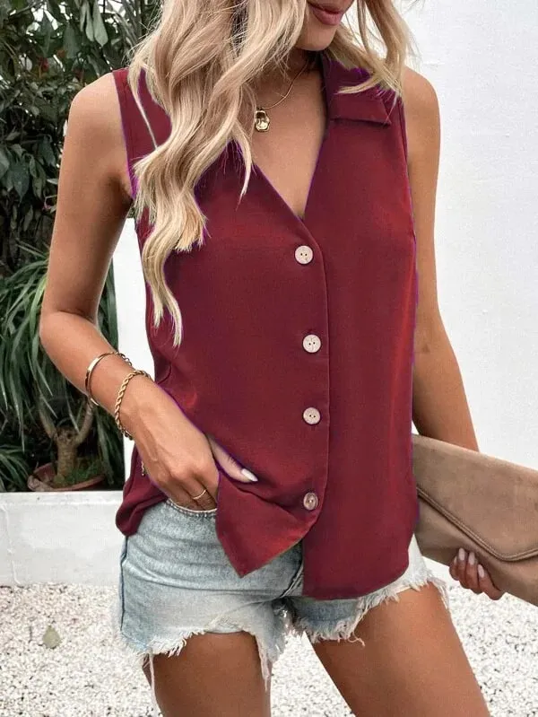 Women's V-Neck Button Chiffon Blouse Summer Lightweight Loose Casual Sleeveless Top Office Lady Solid Color Basic Vest — image 13