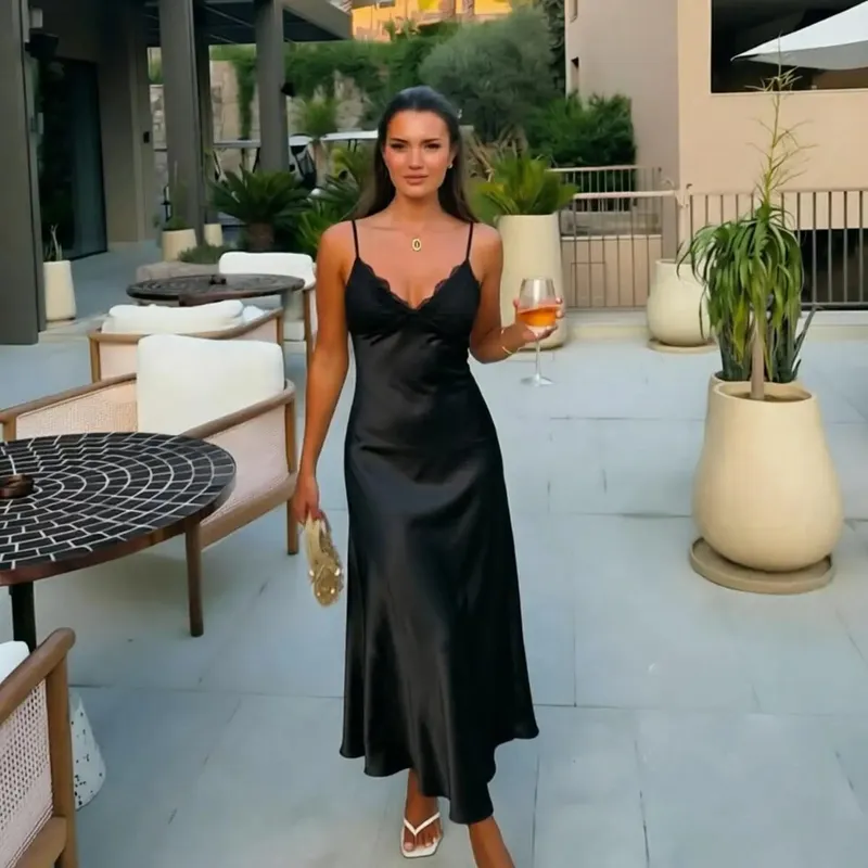 Solid Satin Lace Slip Dress Spaghetti Strap Trim Women V-neck Bias Cut Maxi Dresses 2026 Lady Elegant Evening Party Summer Gown — image 10