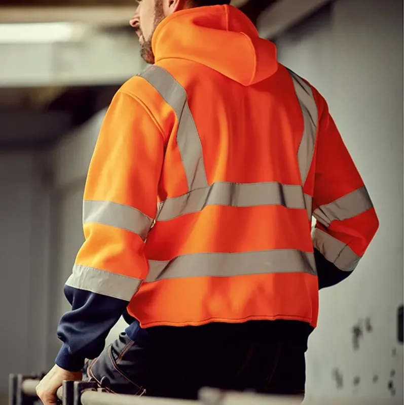 Reflective Work Safety Men Hoodies Drawstring Loose Zipper Jacket Autumn Thin Fleece Hooded Pullover Coat Casual Work Sweatshirt