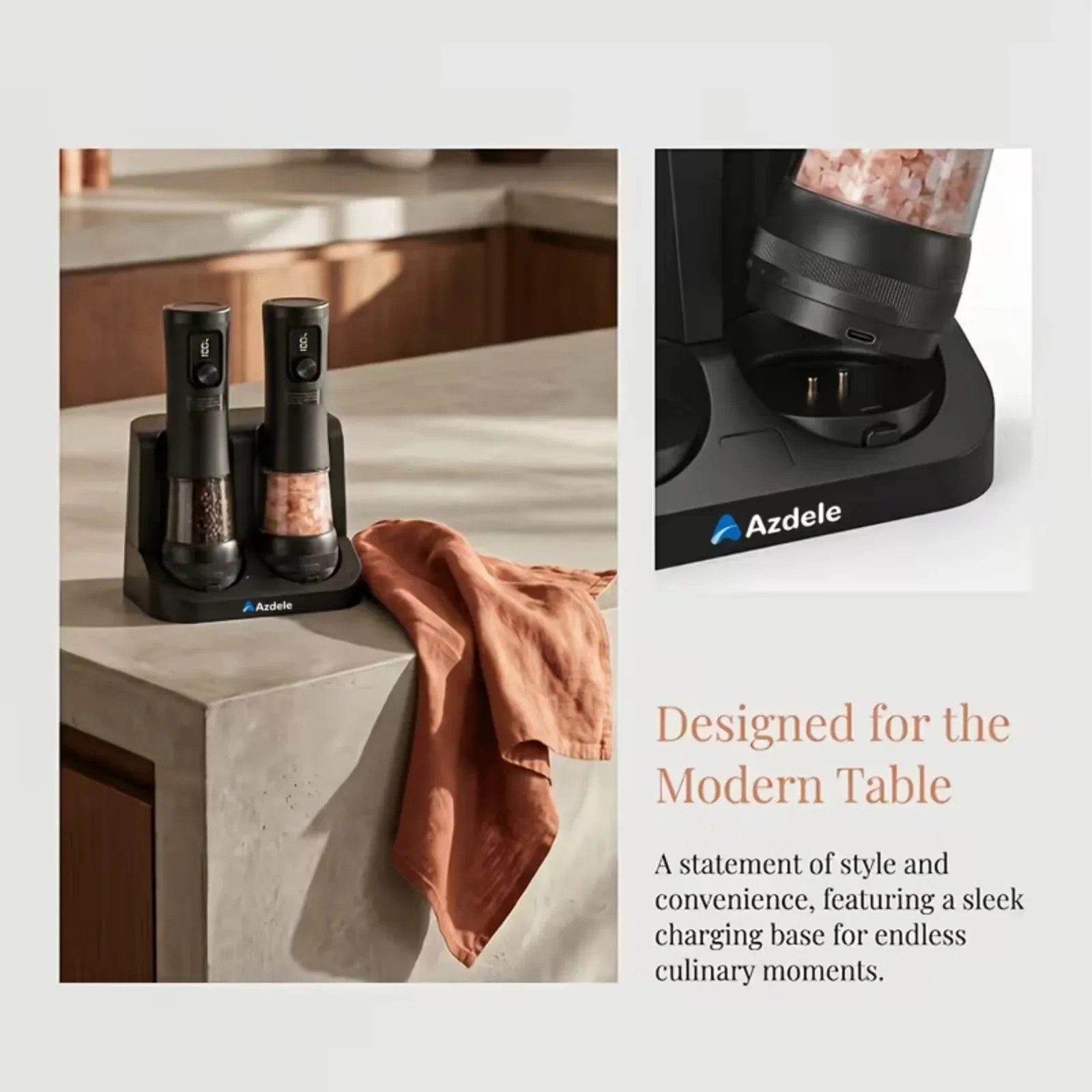 Electric Salt And Pepper Grinder Set Dual-Speed Adjustment Stainless Steel Rechargeable Automatic Pepper Grinder Jar With USB Charging Base Large 3.38 Ounce Capacity External Adjustable Coarseness LED Light.