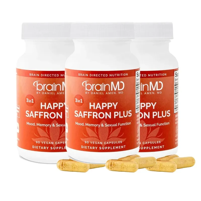 Happy Saffron Plus Supplement for Mood Memory - 90 Capsules - with Saffron Flower Extract Curcumin & Zinc - Vegan Gluten Free