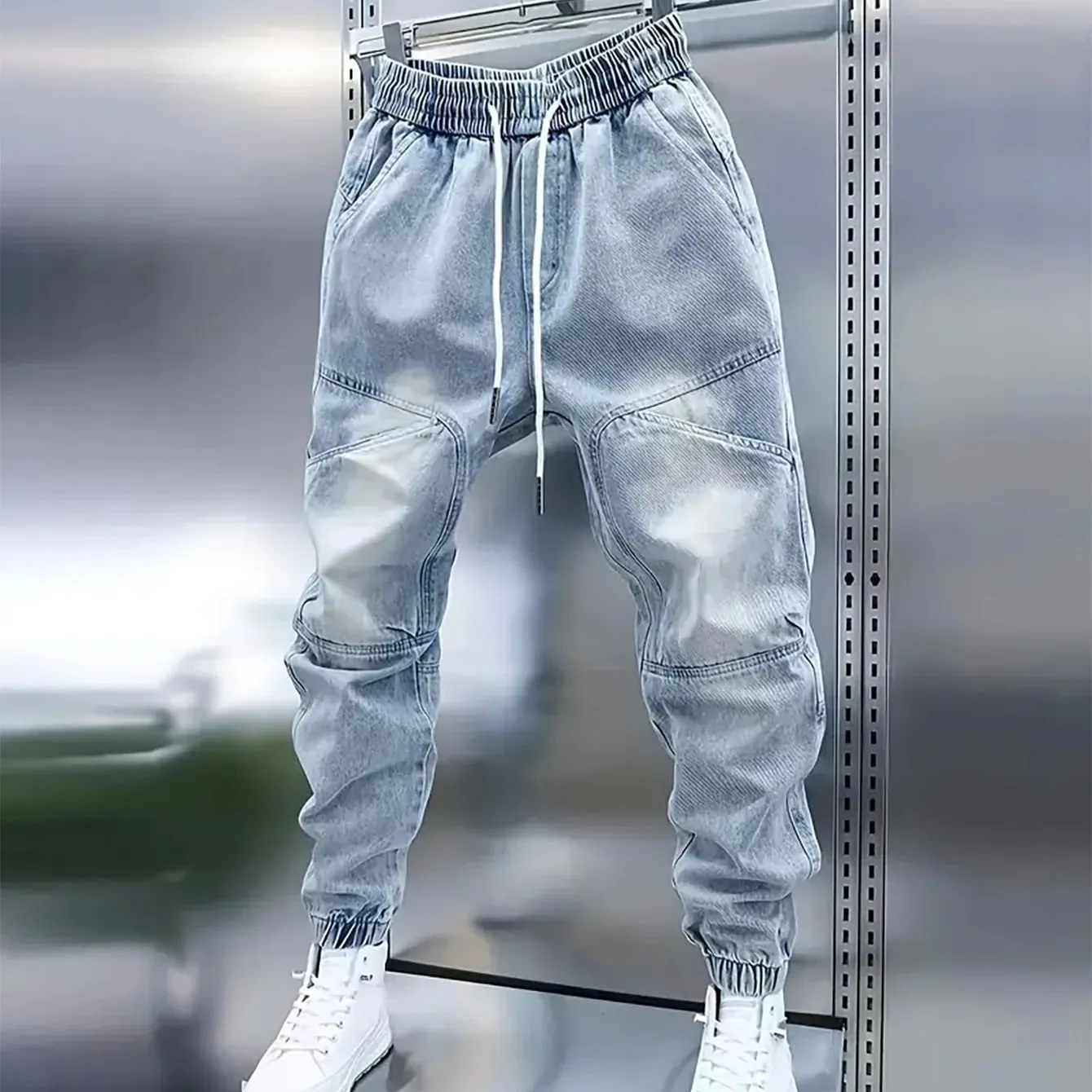 Men's New Drawstring Elastic Waist Light Blue Cuffed Baggy Jeans — image 2
