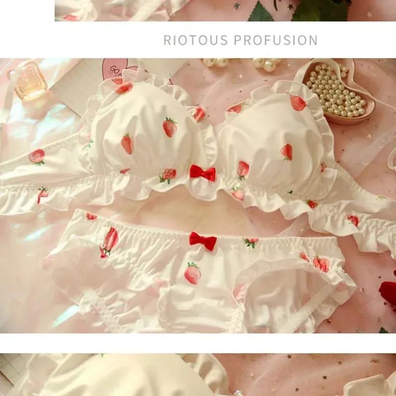 Strawberry Milk Silk Bra & Panties Set Wirefree Soft Underwear Set Kawaii Lolita Bra and Panty Pink Lingerie — image 3
