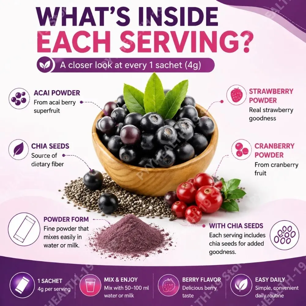 Acai Berry Drink Pulver med Chiafrön Jordgubbstranbär för antioxidant dagligt välbefinnande och immunförsvar Vuxen 40g