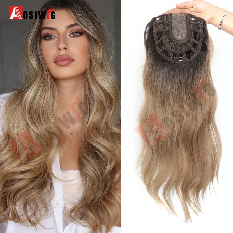 22 Inch Long Wavy Synthetic Hair Topper For Women Clip In Hairpiece Crown Hair Extension With Base Cover Thinning Hair Add Volum — image 1