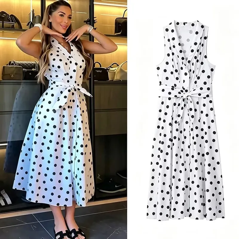 Summer New Dress Women's 2026 New Fashion Polka dot Elegant Slim Belt Women's Holiday Long Dress Street Chic Travel Dresses — image 1