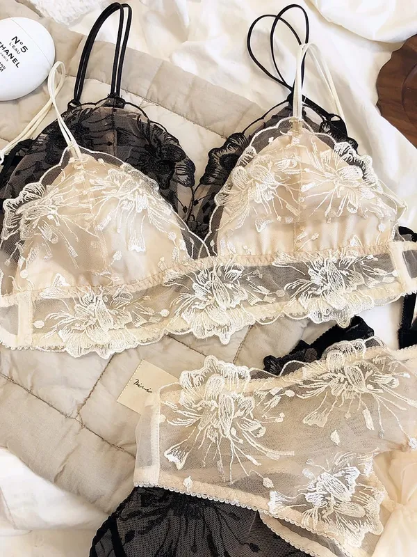 Embroidered lace sexy bralette no steel ring triangle cup big breasts ultra-thin underwear set breathable bra lingerie sets — image 2