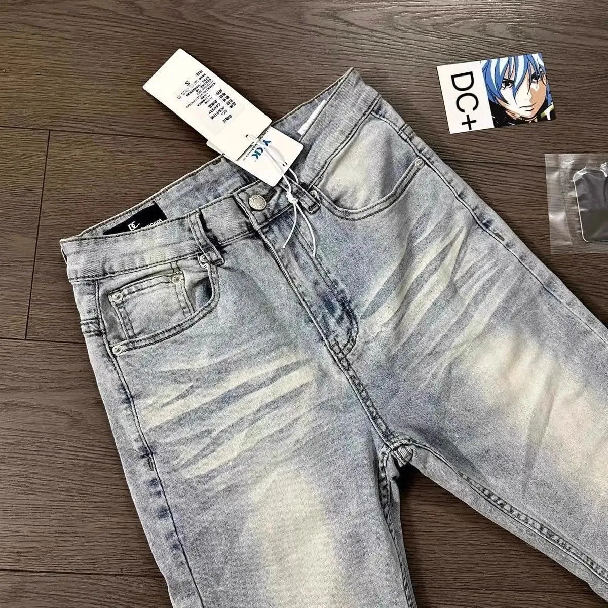Man Jeans Designer Menswear Clothing Luxury Washed Light Blue Cat Whisker Slim Elastic Jeans Men's Thin Straight Scimitar Pants — image 5