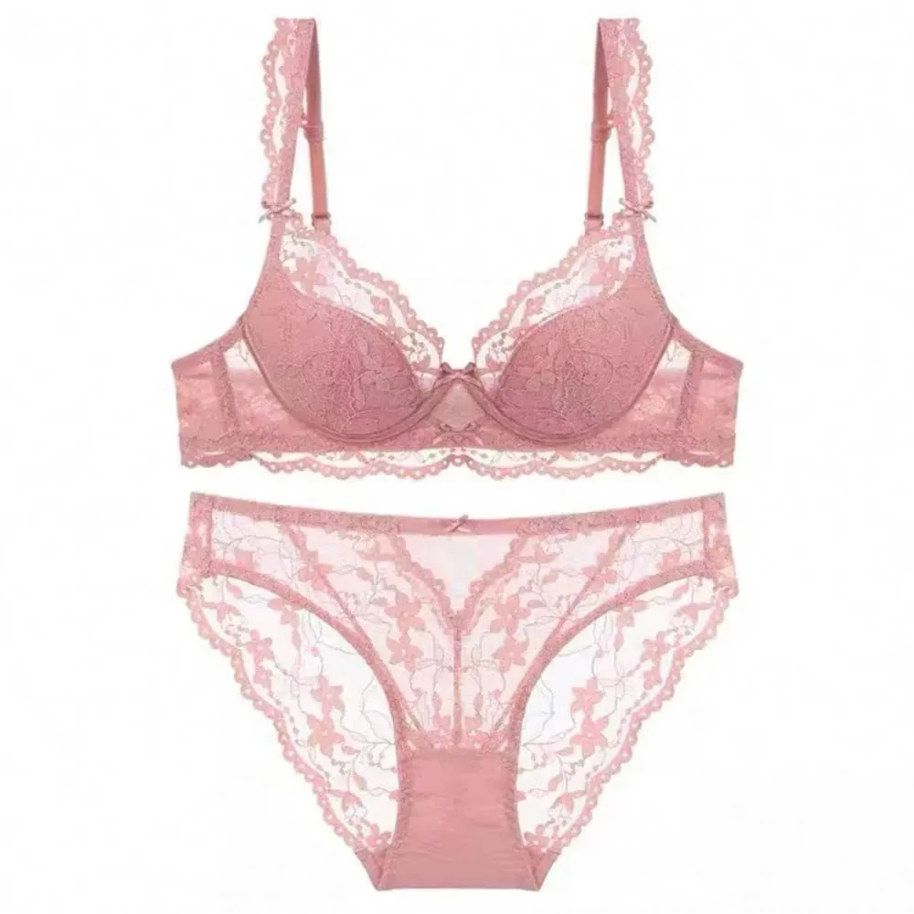Set Lingerie Renda Lengan Flutter Prancis Wanita Bra Minimizer Punggung Cantik Seksi Bersirkulasi Cup Tipis Berkawat Lembut 32 ‑ 38