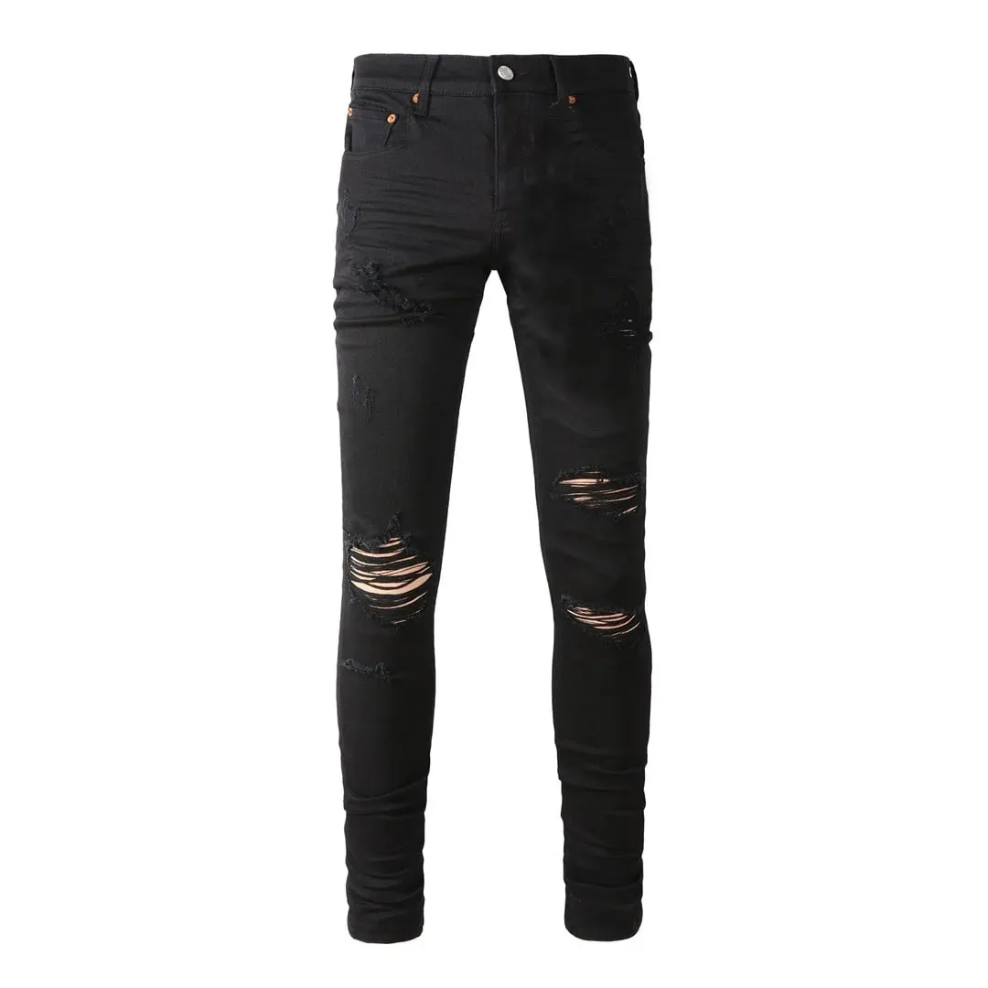 High Street Brand Men's Jeans American Distressed Coated Blank Stretch Skinny Button Fly Ripped Pants Trousers