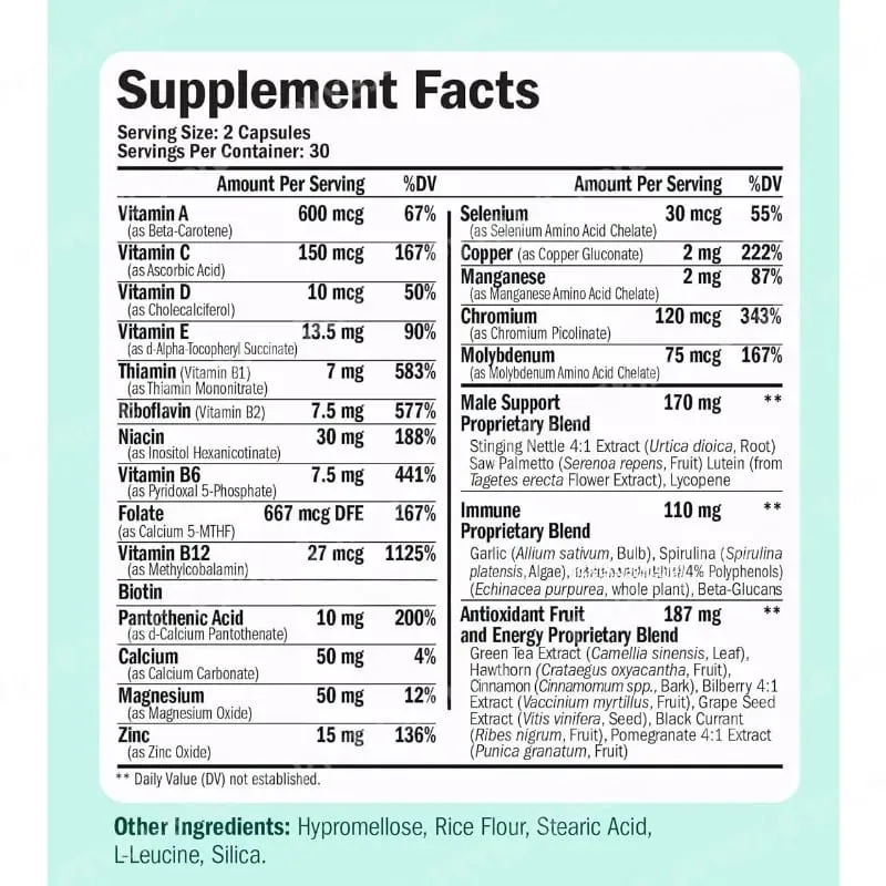 Multivitamin for Men Capsule Immune Health Support Contain Methylated Vitamins and Chelated Minerals Provide Body Energy 60count