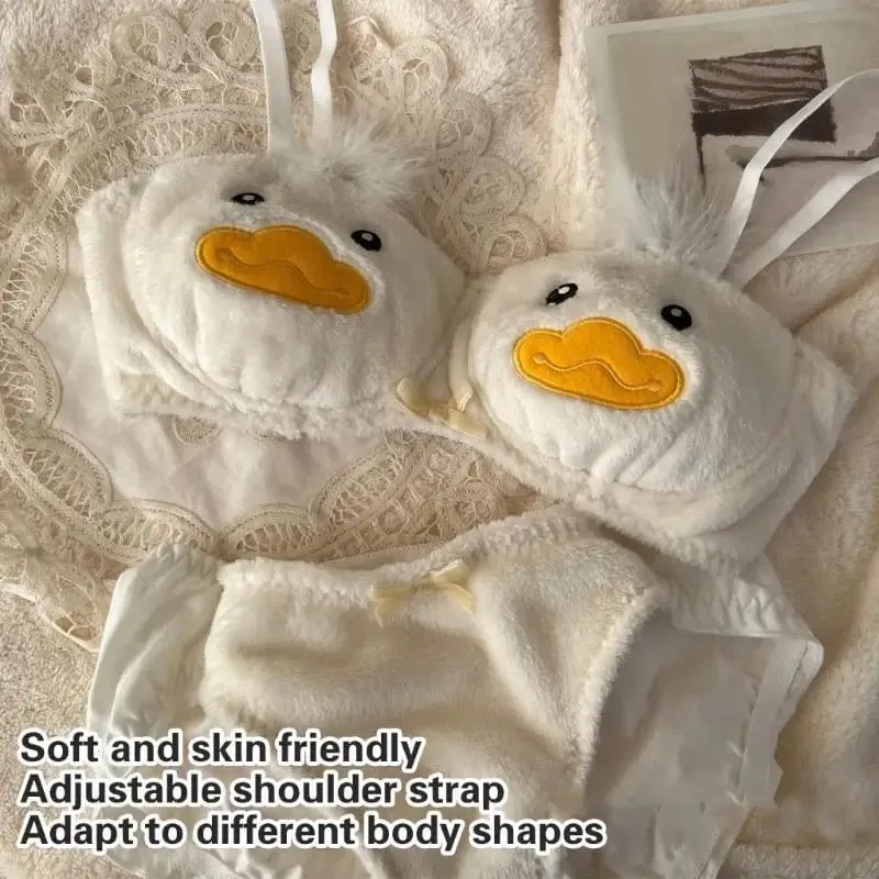 Women's 2Pcs Furry Bra and Panty Set Cartoon Duck Pattern Fuzzy Plush Wireless Underwear Japanese Anime Lingerie — image 5