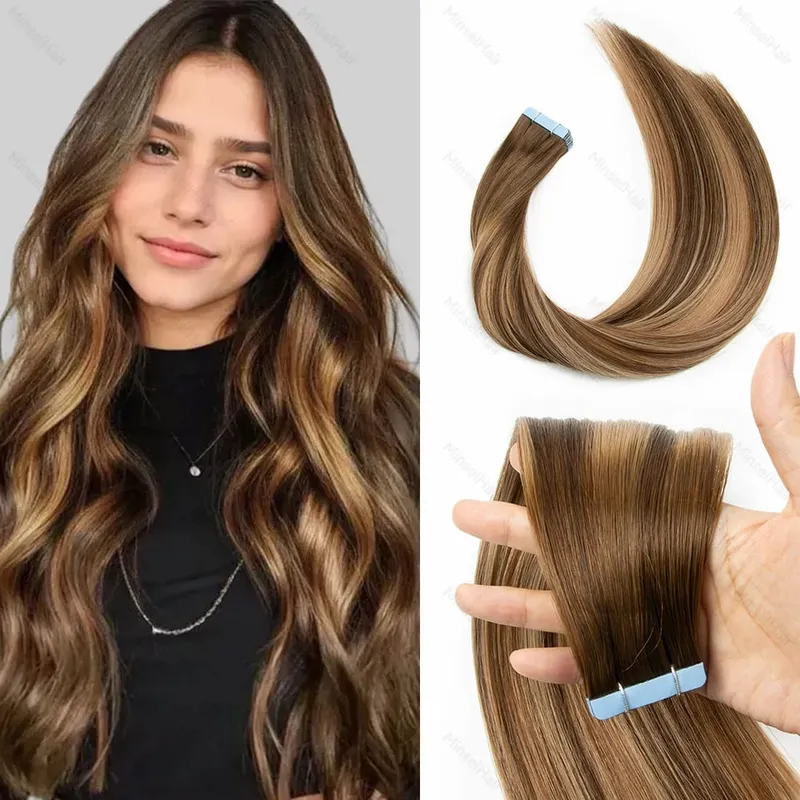 Brown Russian Tape in Hair Extension Real Human Hair Cuticle Aligned Premium Remy Adhesive Europen Tape Ins 14-22inch 20-60pcs