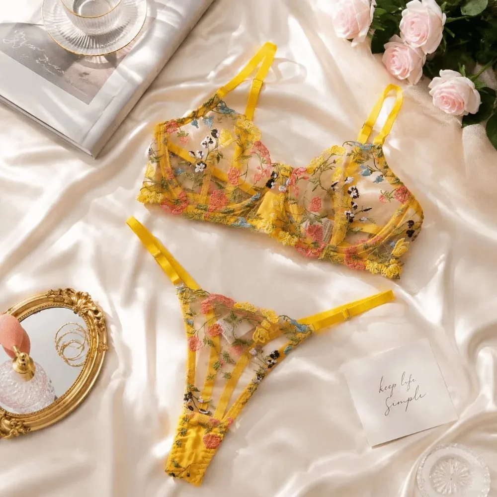 Versatile Transparent Lingerie Set Ultra-thin Elegant Panties Bra Set Push Up Embroidery Floral Underwear Women