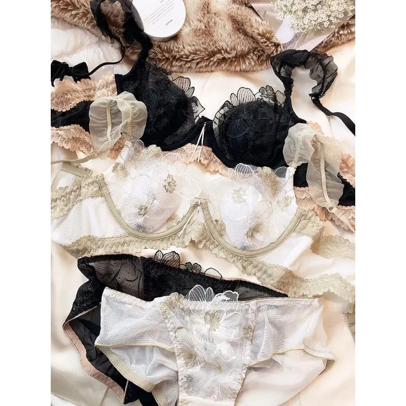 French Elegant Embroidered Lace Minimizer Bra Support Soft Underwire Rabbit Ear Cup Sexy Pure Lingerie Set Large Bust S-XL Tushy