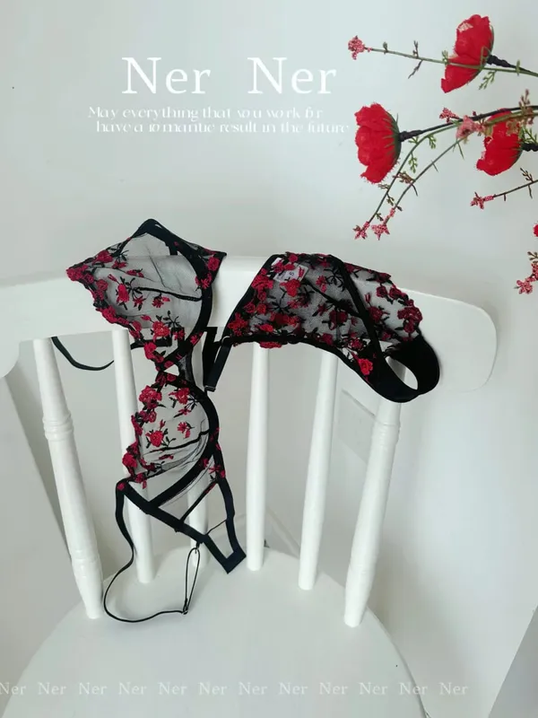 Transparent Floral Lace Embroidery Bra Set Summer Thin Minimizer Underwear Soft Breathable Full Bust Female Home Daily Wear S-XL