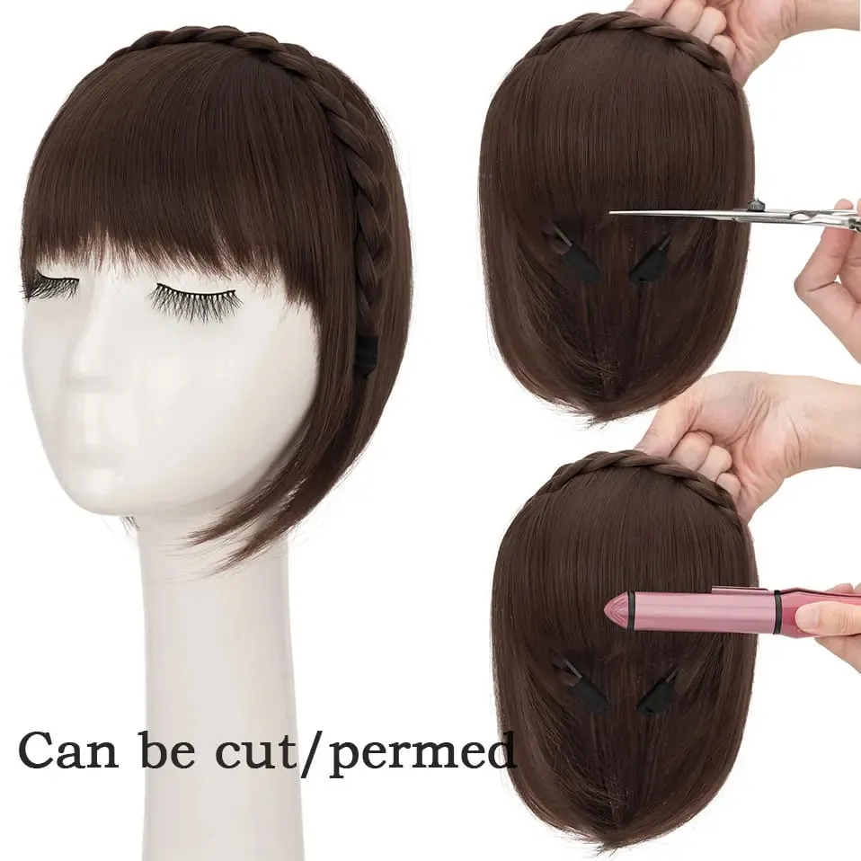 Snoilite 11'' Braided Headband with Clip-In Hair Topper With Bangs Natural Look Synthetic Straight Hair Extensions for Women 92g