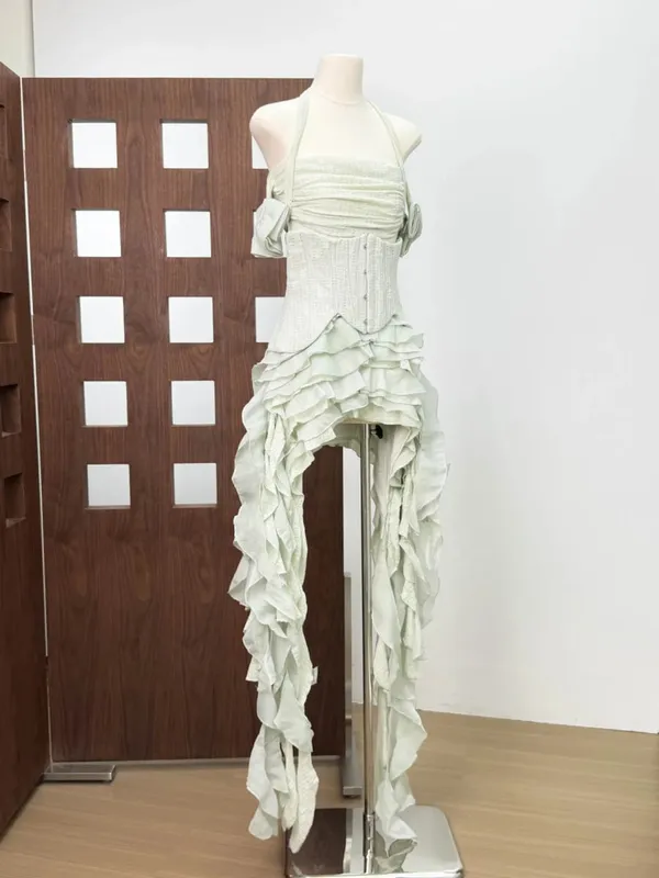 Women's Ruffle Edge Pleated Dress Three Piece Set Sexy Backless Ruffle Edge Dress Suitable for Parties and Cocktail Parties — image 10