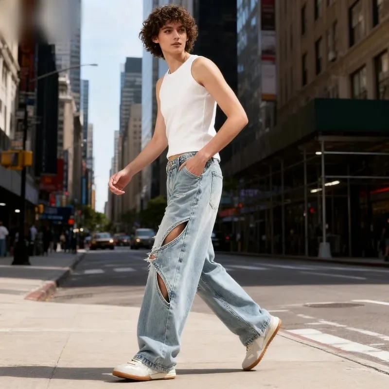 2025 New American style patchwork structure denim pants with holes men's and women's loose wide leg unisex straight leg jeans — image 2