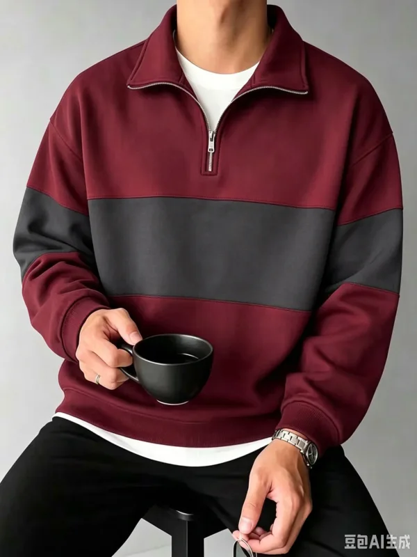 Autumn and Winter Color Blocking printed Men's Clothes Casual Half Zip Long Sleeve Sweatshirts Street Trend Stand Collar Hoodies