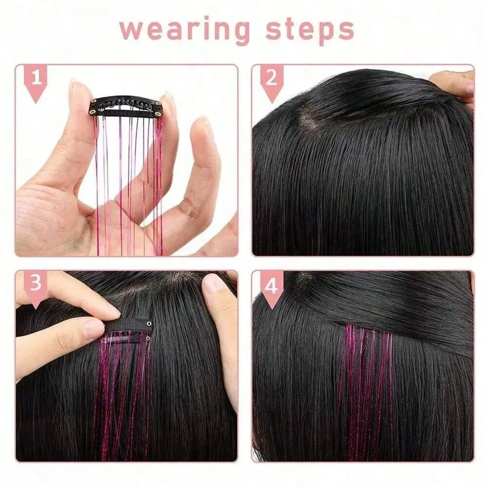 12Pcs Hair Tinsel Clip In 19.7" Glitter Tinsel Hair Extensions Synthetic Clip In Sparkle Hair Accessories For Kids Girls Women — image 4