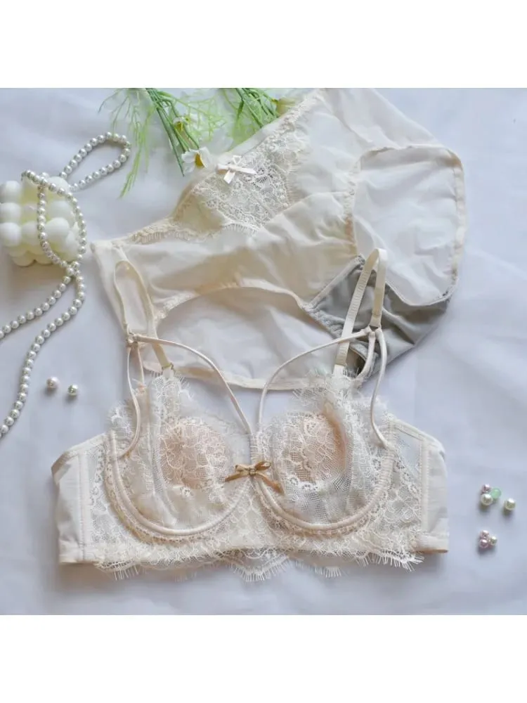 Korean Hot Trend Pure Desire Lace Bra Set Underwire Thin Cup Push Up Large Bust Visually Small Anti Droop Lingerie 32-38 Hot