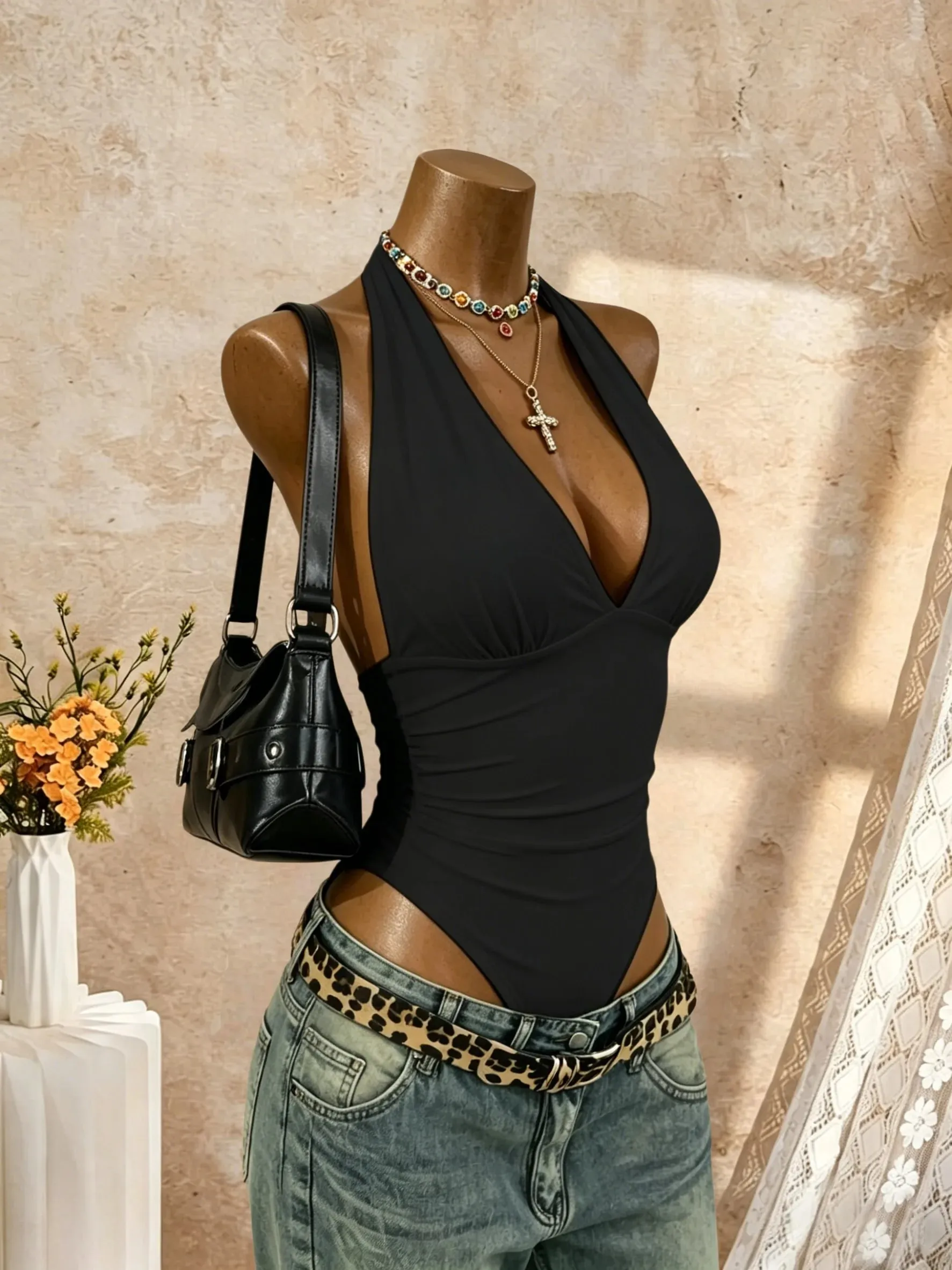 Women Halter Deep V Neck Bodysuit Solid Color Sleeveless Ruched Front Slim Fit Basic Jumpsuit Tank Top