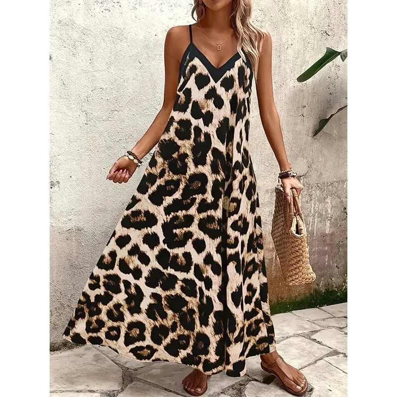 2026 New Women Leopard Print Spaghetti Strap Maxi Dress Sleeveless V Neck Casual Long Dresses Summer Beach Vacation Outfit