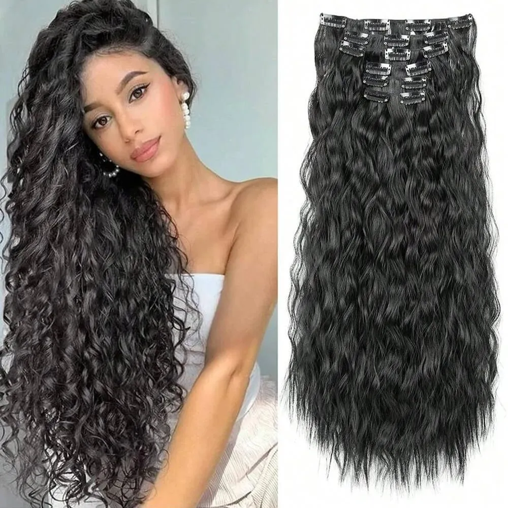 Synthetic Hair Extensions 16Clips In 6PCS Set Curly 24inch Long Clip On Hairpiece Corn Wavy Style For Women Girls Daily Party — image 8