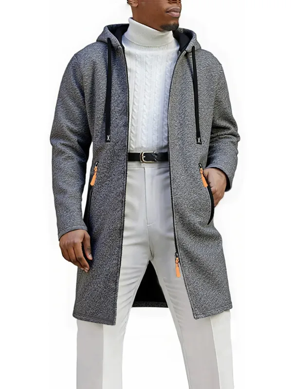 2Pcs Set Men Mid-Length Full Zip Hooded Jacket Fleece Lined Warm Coat with Drawstring Hood & Zipper Pockets Casual Outerwear for Fall Winter Daily Wear