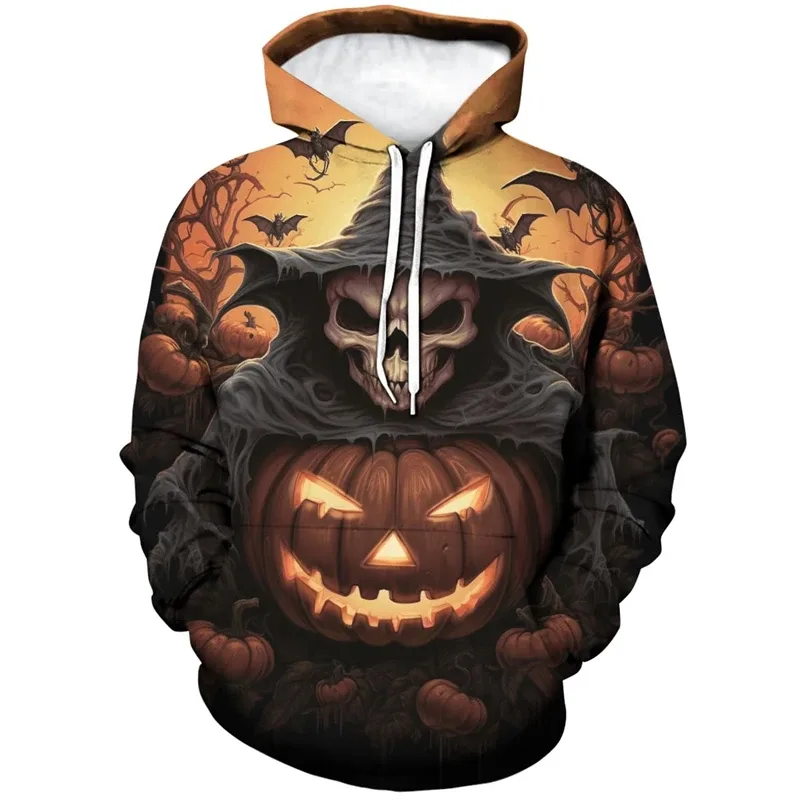 Novelty Halloween Pumpkin Graphic Hoodie Men 3D Printed Skull Sweatshirt Casual Long Sleeve Pullovers Tops Autumn Casual Hoodies