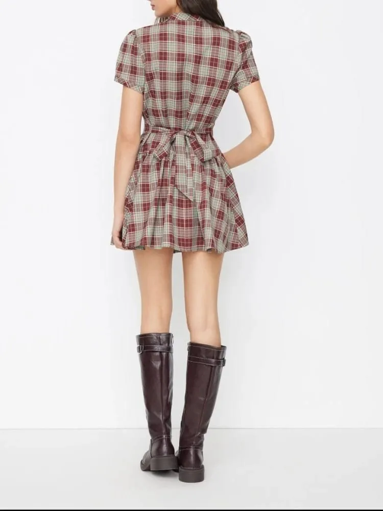 Women's Vintage Plaid A-Line Dress Short Sleeve Stand Collar Button down Pleated Mini Dress Casual Elegant Fashion — image 4