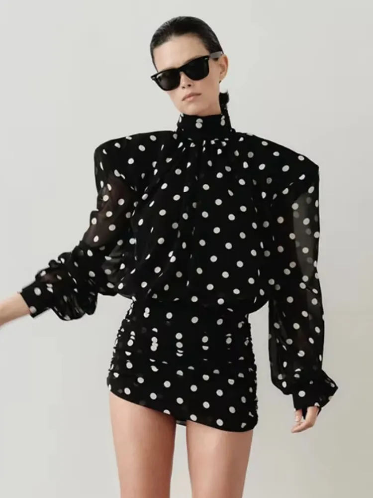 Nibber See Through Mini Dress Woman Turtleneck Mesh Full Sleeve Polka Dot Print Skinny Peach Hip Street Ruched Elegant Bodycon — image 2