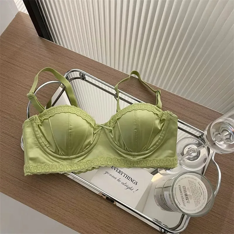 Hot Item French Inspired Minimizer Bra Women Satin Lace Thin Cup Soft Underwire Uplifting Centering Anti-Sagging Solid Comfort