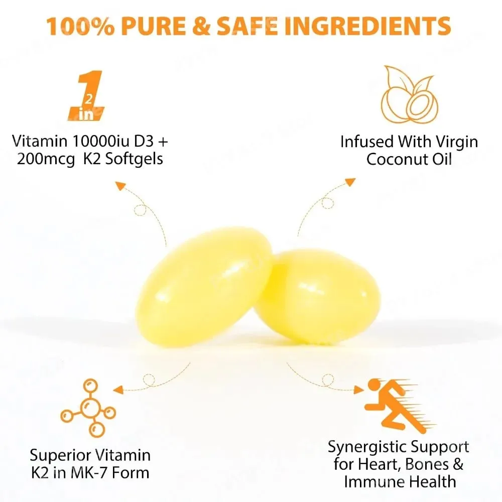Acentiallabs Premium Vitamin D3 K2 Softgels Ergänzungen Kokosnussöl Vitamin D3 AK2 Weichkapseln zur Immununterstützung für Erwachsene
