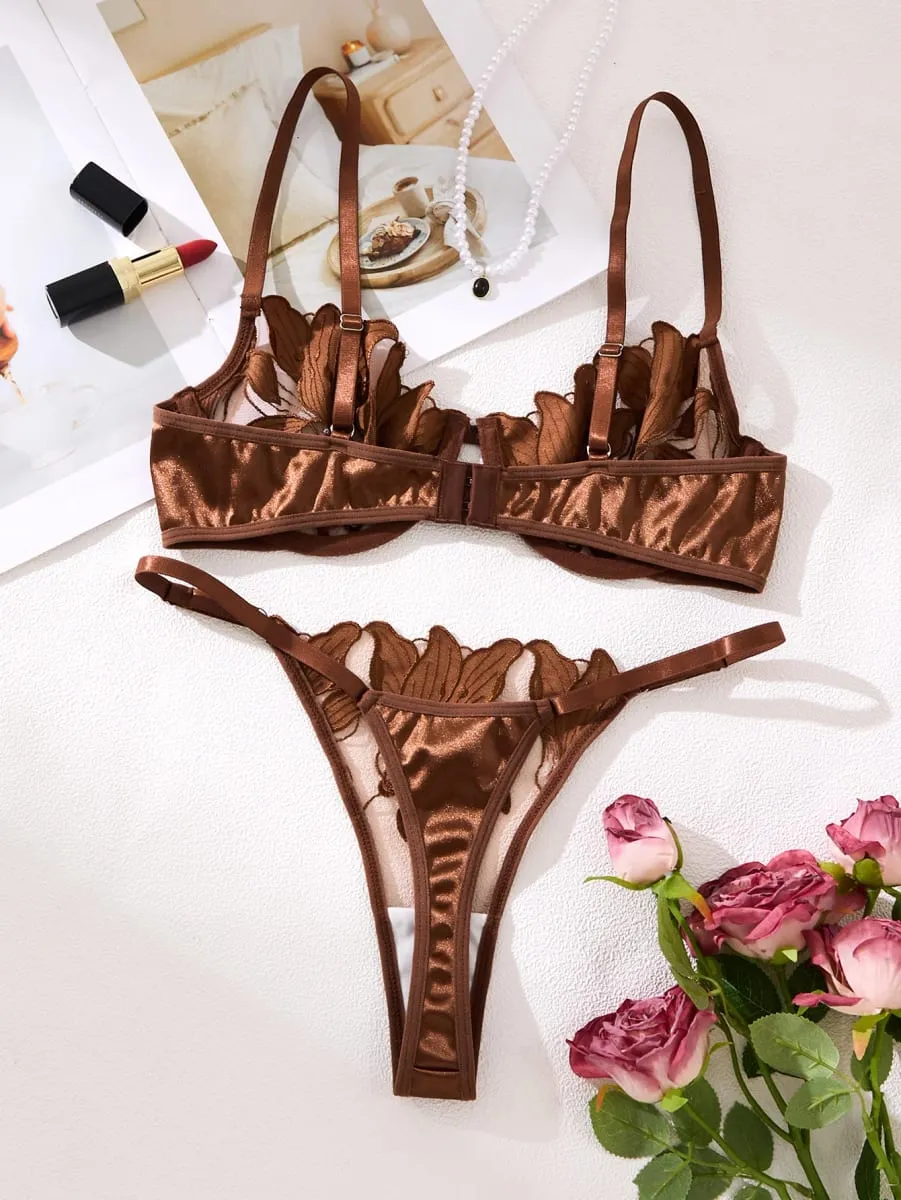 Coffee-Colored Embroidered Print Pajama Set - A Set Featuring A Floral Design Suitable for Women A sexy Bra ZA824031
