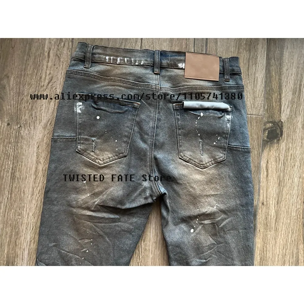 Men's High Street Distressed Dirty Washed Light Blue Cut Out Stretch Skinny & Slim Fit Spray Painted Ripped Jeans