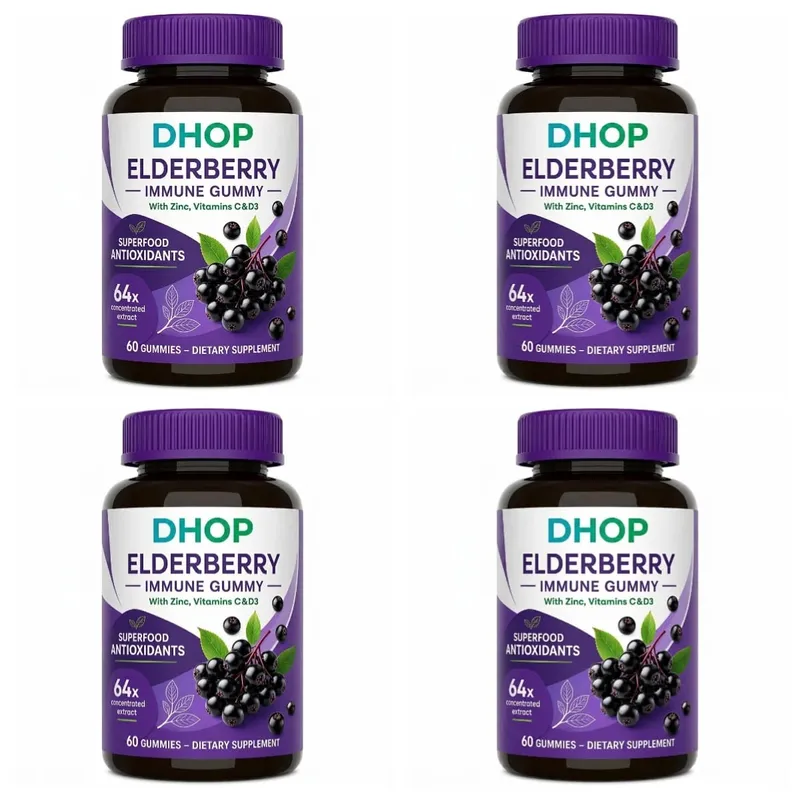 Black Elderberry Gummies 60pcs for Immune Support Sambucus Extract Zinc Vitamin C D3 for Adults Kids 2 Capsules Per Day