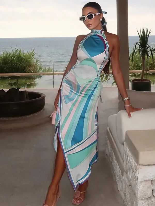 Lady Sexy Printed Halter Dress Sleeveless Off-shoulder Backless Loose Irregular Chic Robe 2026 Women Vacation Street Vestidos — image 7