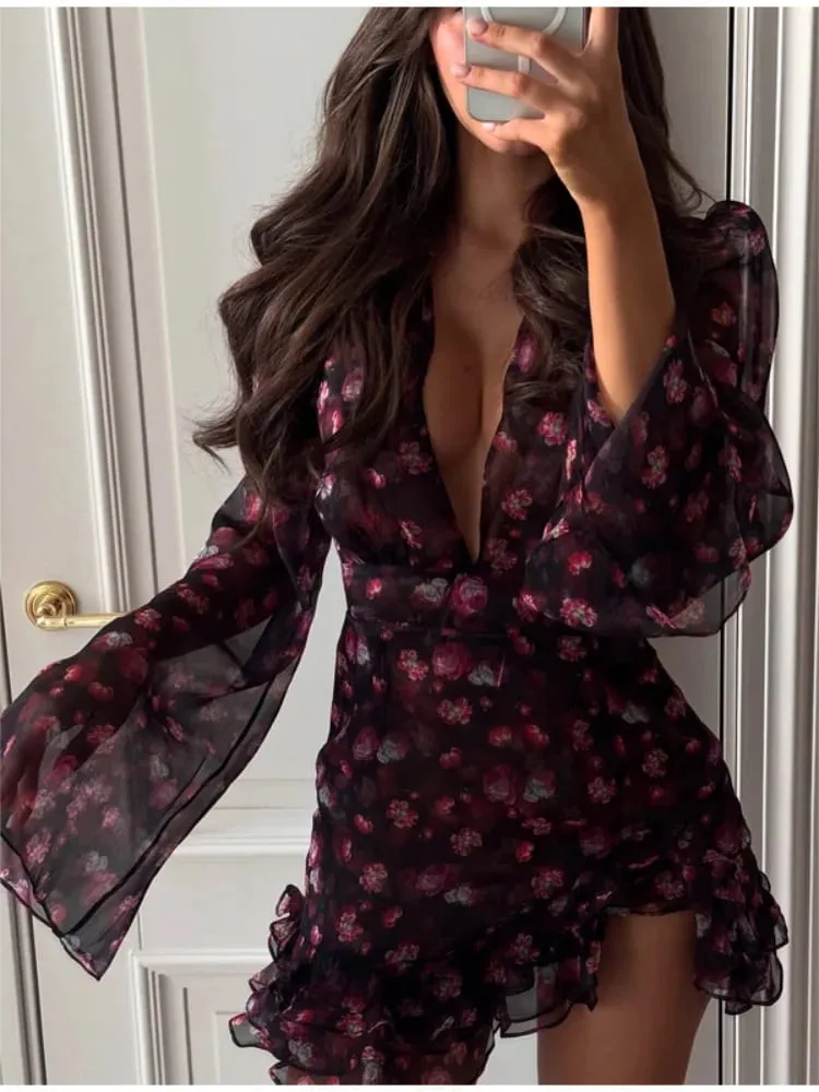 Floral Painted Ruffle Mini Dress Women Elegant Full Sleeve Deep V-neck Slim A-line Short Robe 2026 Lady Vacation Street Gown — image 3